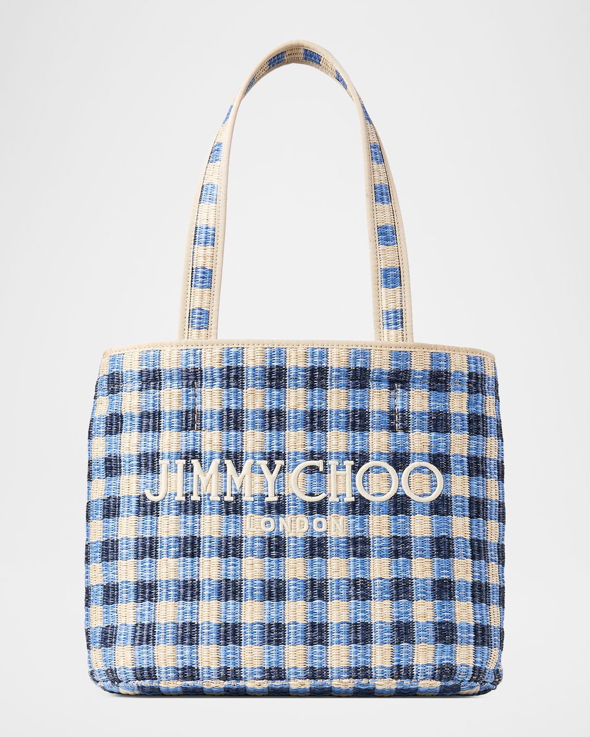 Jimmy Choo Embroidered Gingham Raffia Small Beach Tote Bag