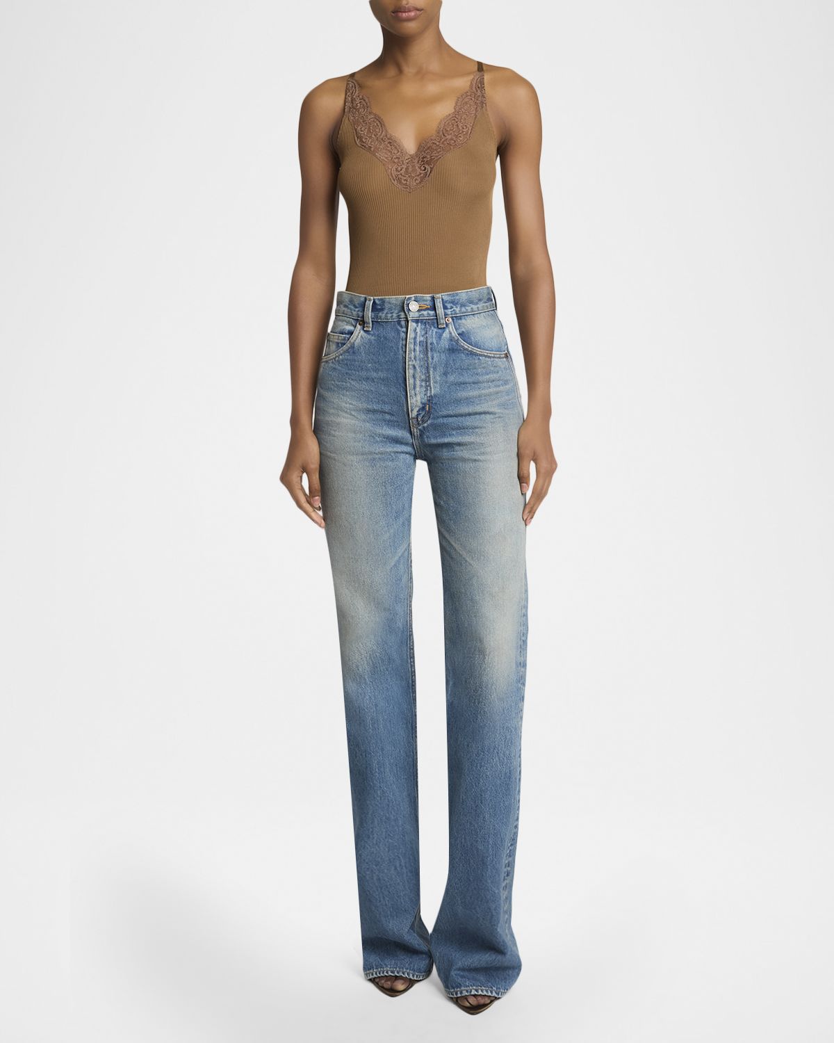 Saint Laurent Lace V-Neck Ribbed Tank Top