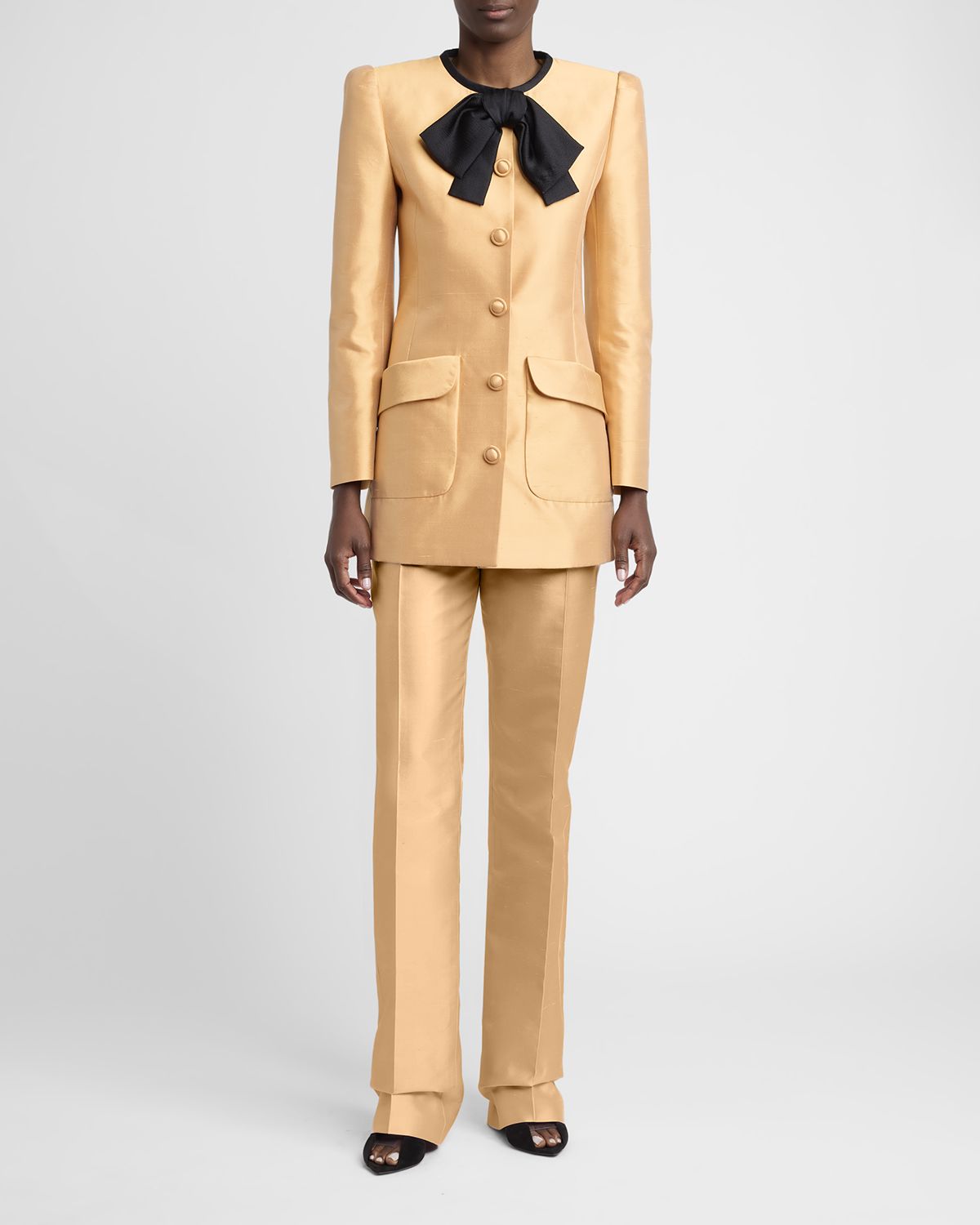 Valentino Garavani Bow-Neck Mikado Silk Single-Breasted Coat