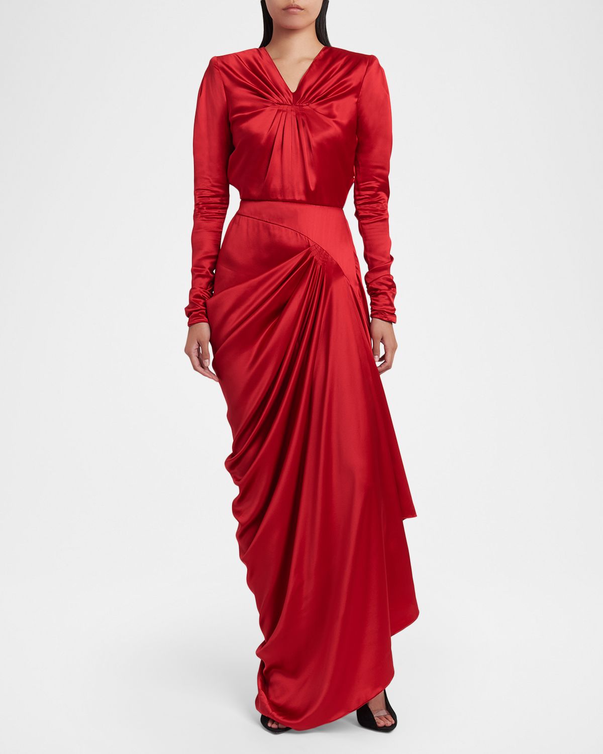 Valentino Garavani Asymmetric Draped Satin Long-Sleeve Gown