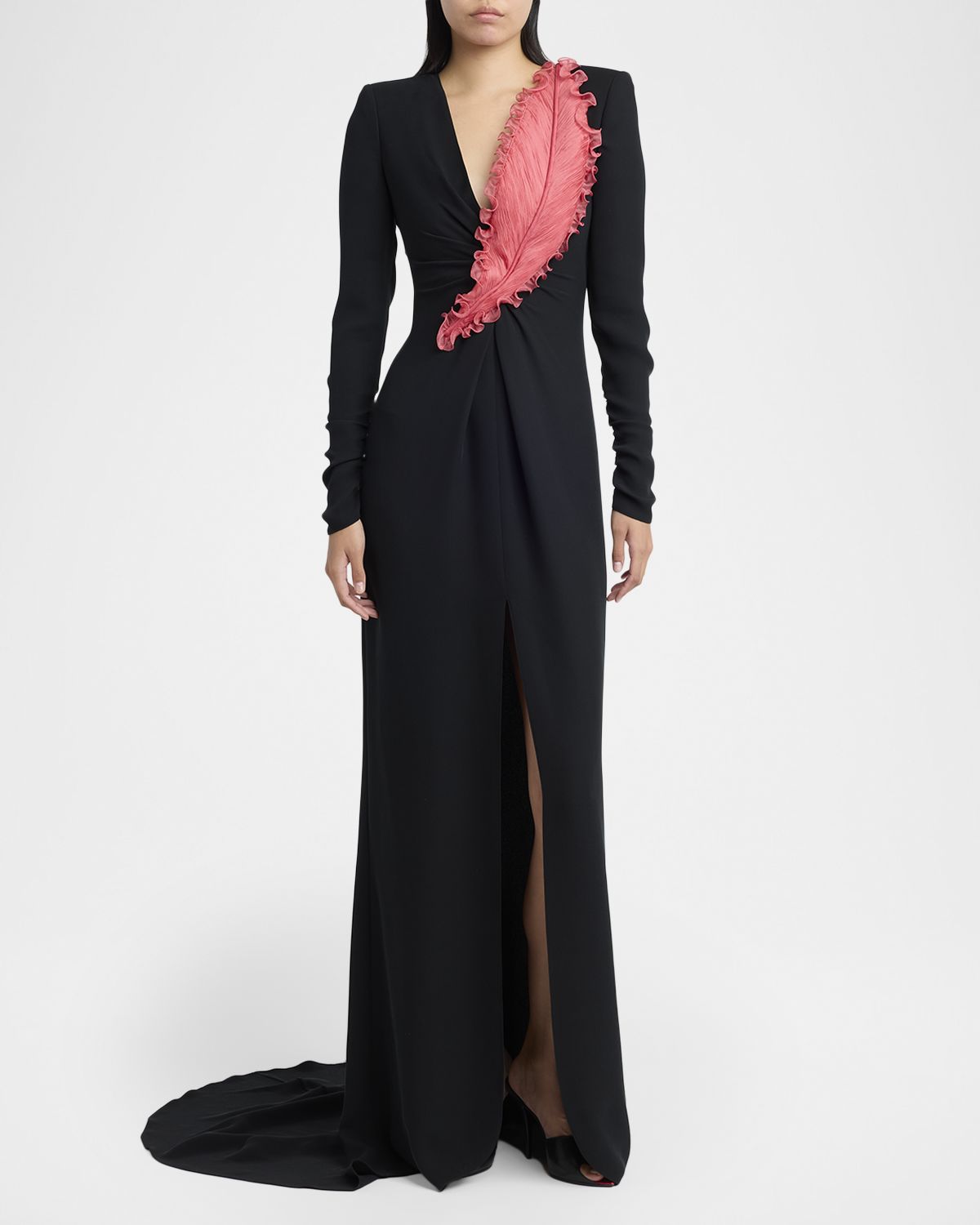 Valentino Garavani Plunging Embroidered Crepe Long-Sleeve Slit Gown