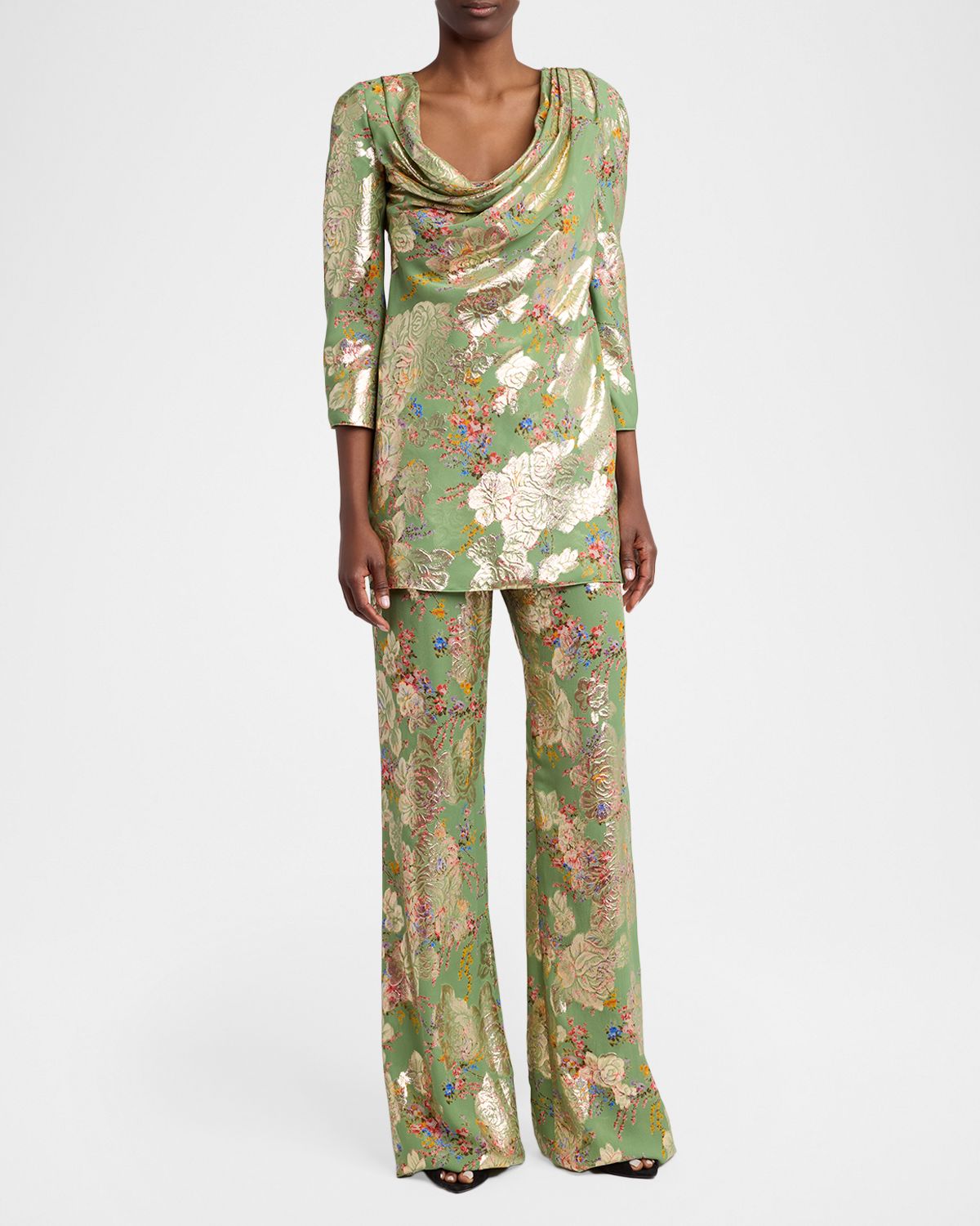 Valentino Garavani Metallic Floral Jacquard Straight-Leg Pants