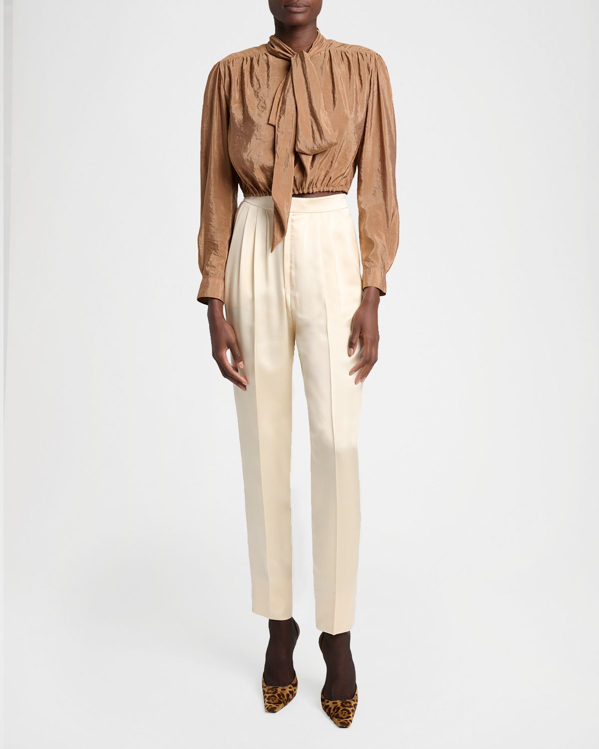 Saint Laurent Pleated Silk Slim-Leg Ankle Pants