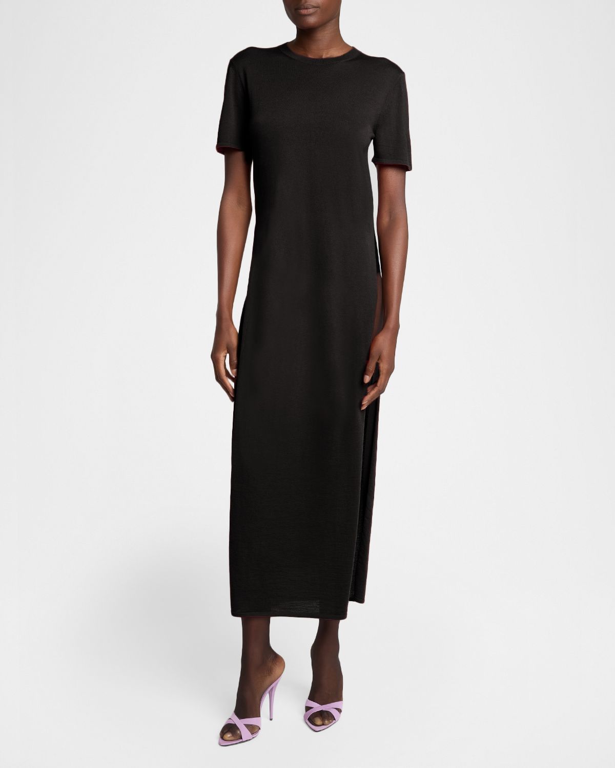 Saint Laurent Short-Sleeve Wool Side-Slits Midi Dress | Thumbnail 5 Saint Laurent Short-Sleeve Wool Side-Slits Midi Dress | Thumbnail 5