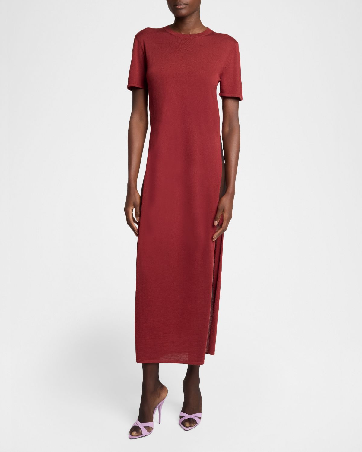 Saint Laurent Short-Sleeve Wool Side-Slits Midi Dress