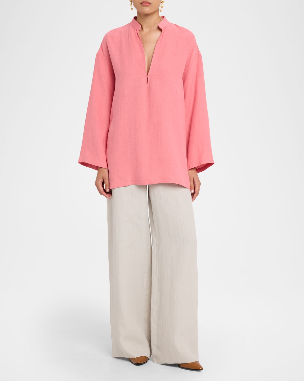 Giorgio Armani V-Neck Hemp Relaxed Long-Sleeve Shirt