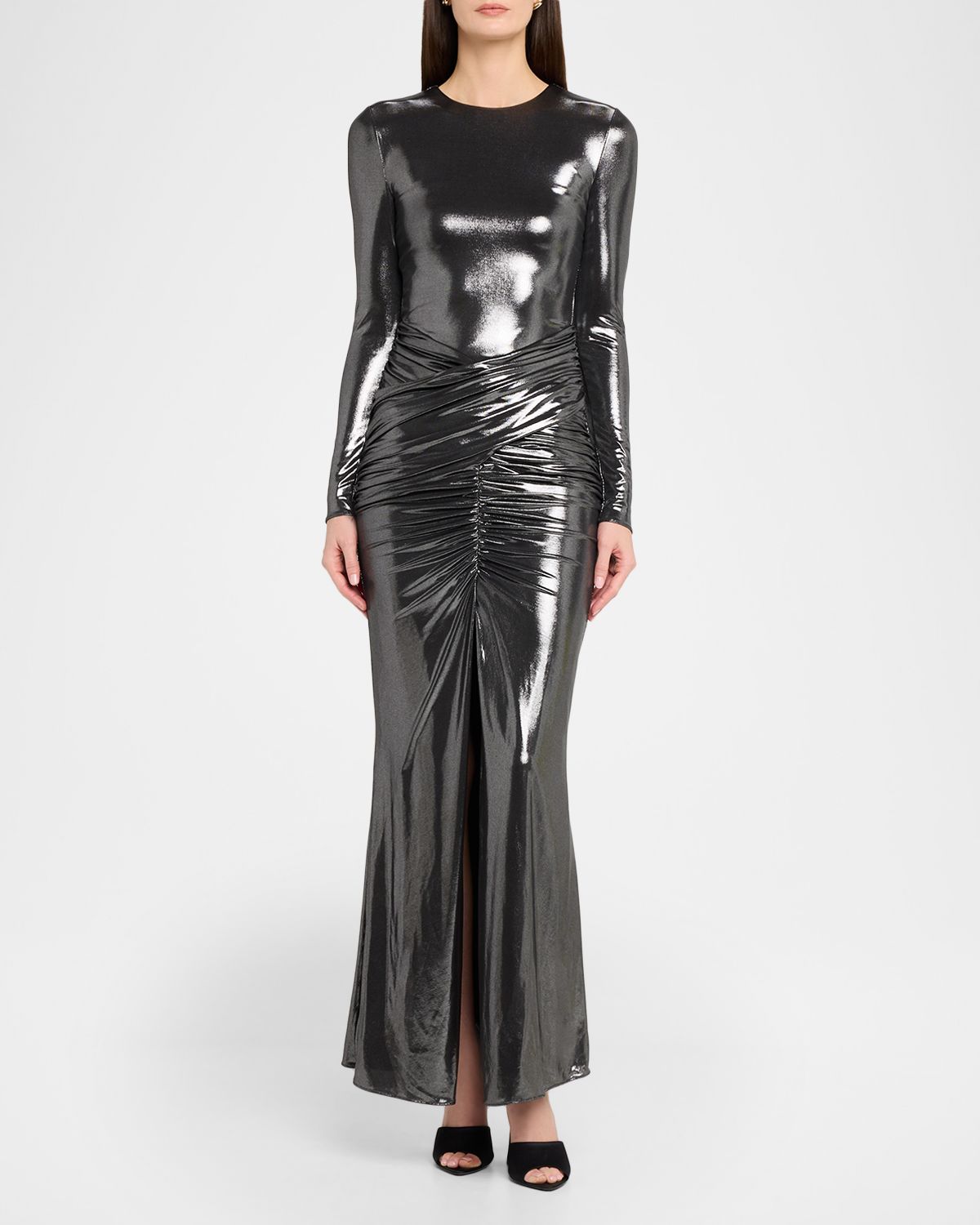 Et Ochs Stealla Metallic Ruched Long-Sleeve Gown