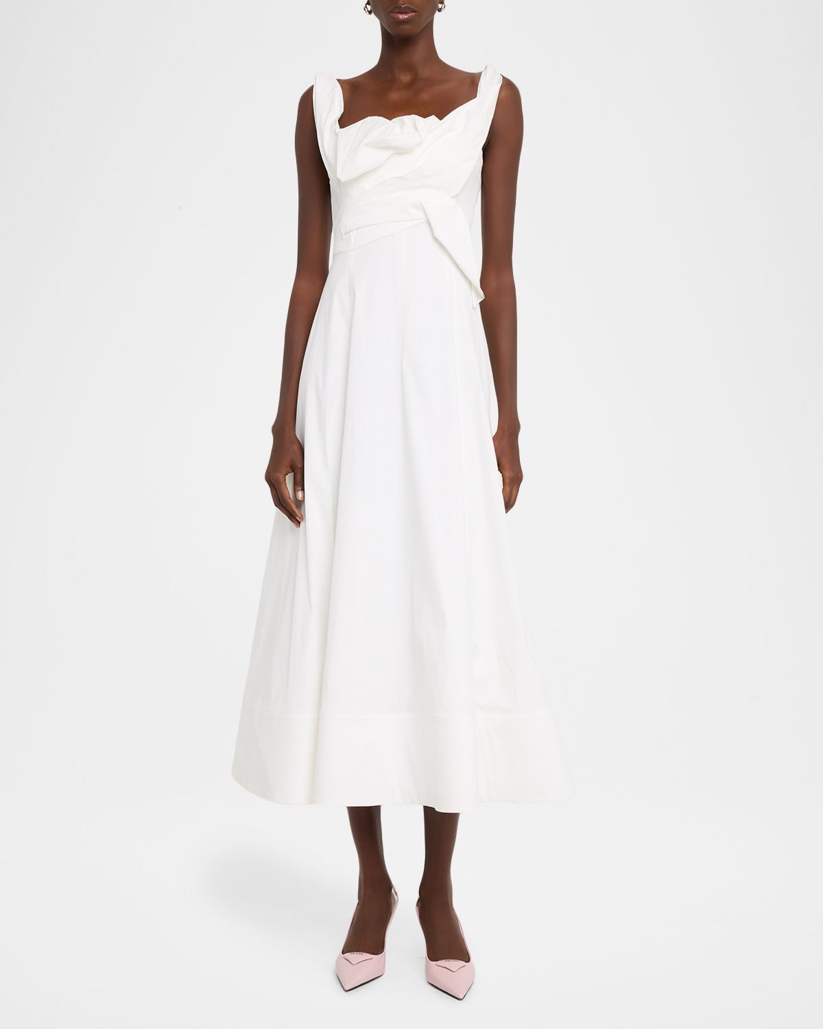 Lela Rose 3D Draped Cotton Poplin Sleeveless Midi Dress