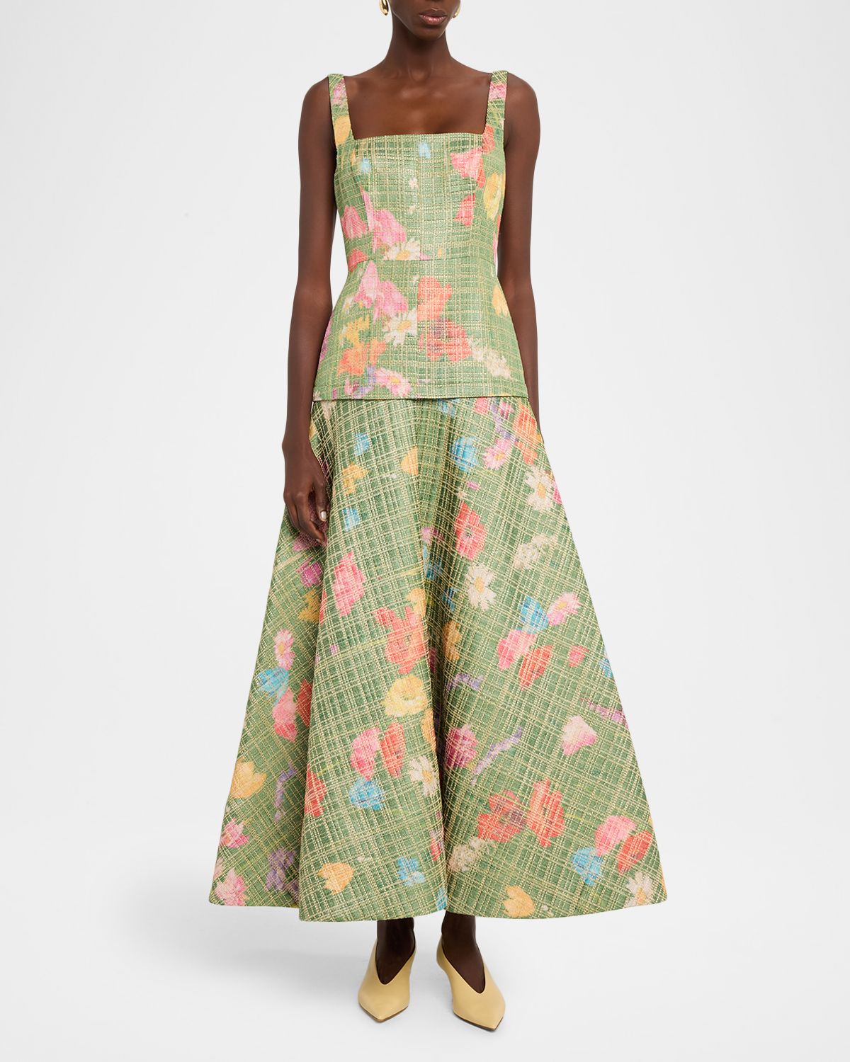 Lela Rose Floral Raffia Drop-Waist Sleeveless Ankle Dress