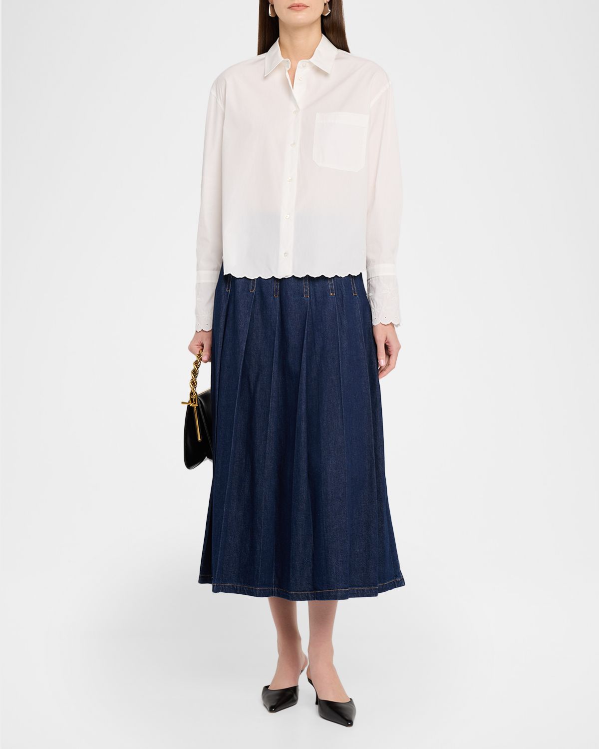 Weekend Max Mara Pleated Cotton Denim Midi Skirt