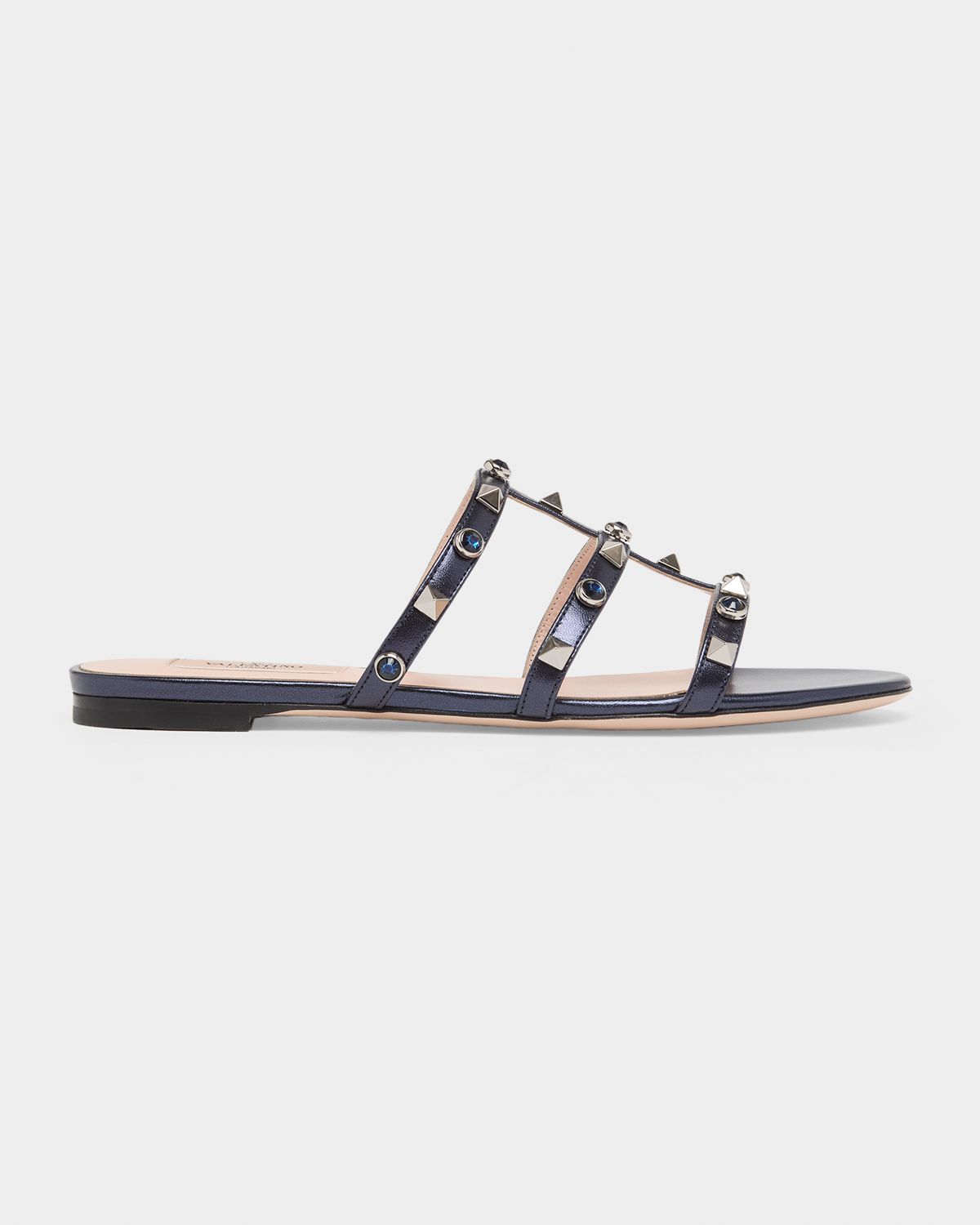 Valentino Garavani 5mm Rockstud Metallic Leather Flat Slide Sandals