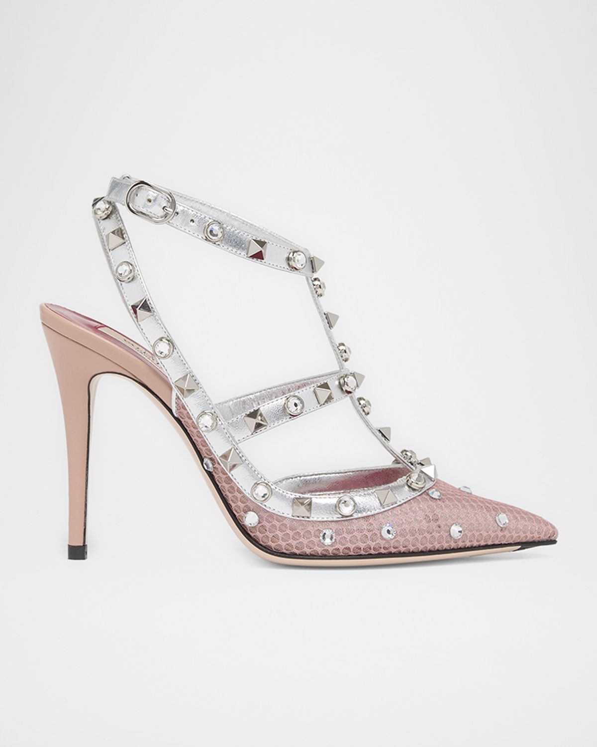 Valentino Garavani 100mm Rockstud Mixed Leather and Mesh Ankle-Strap Pumps