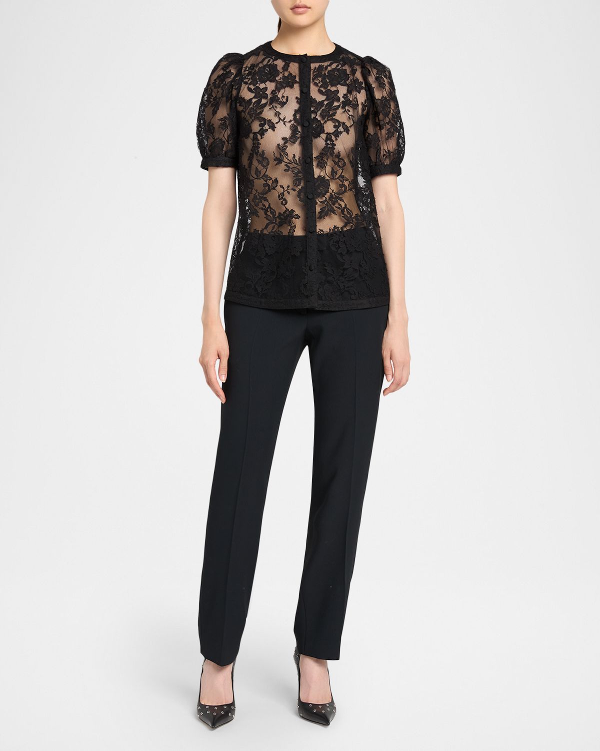 McQueen Puff-Sleeve Sheer Lace Shirt