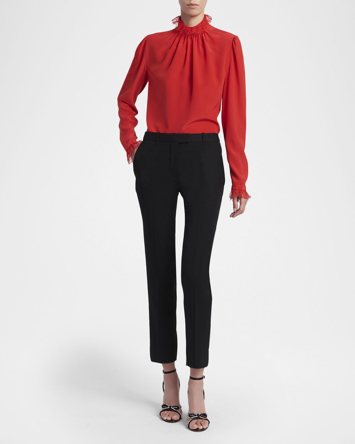 McQueen Lace Ruffle-Neck Long-Sleeve Silk Top