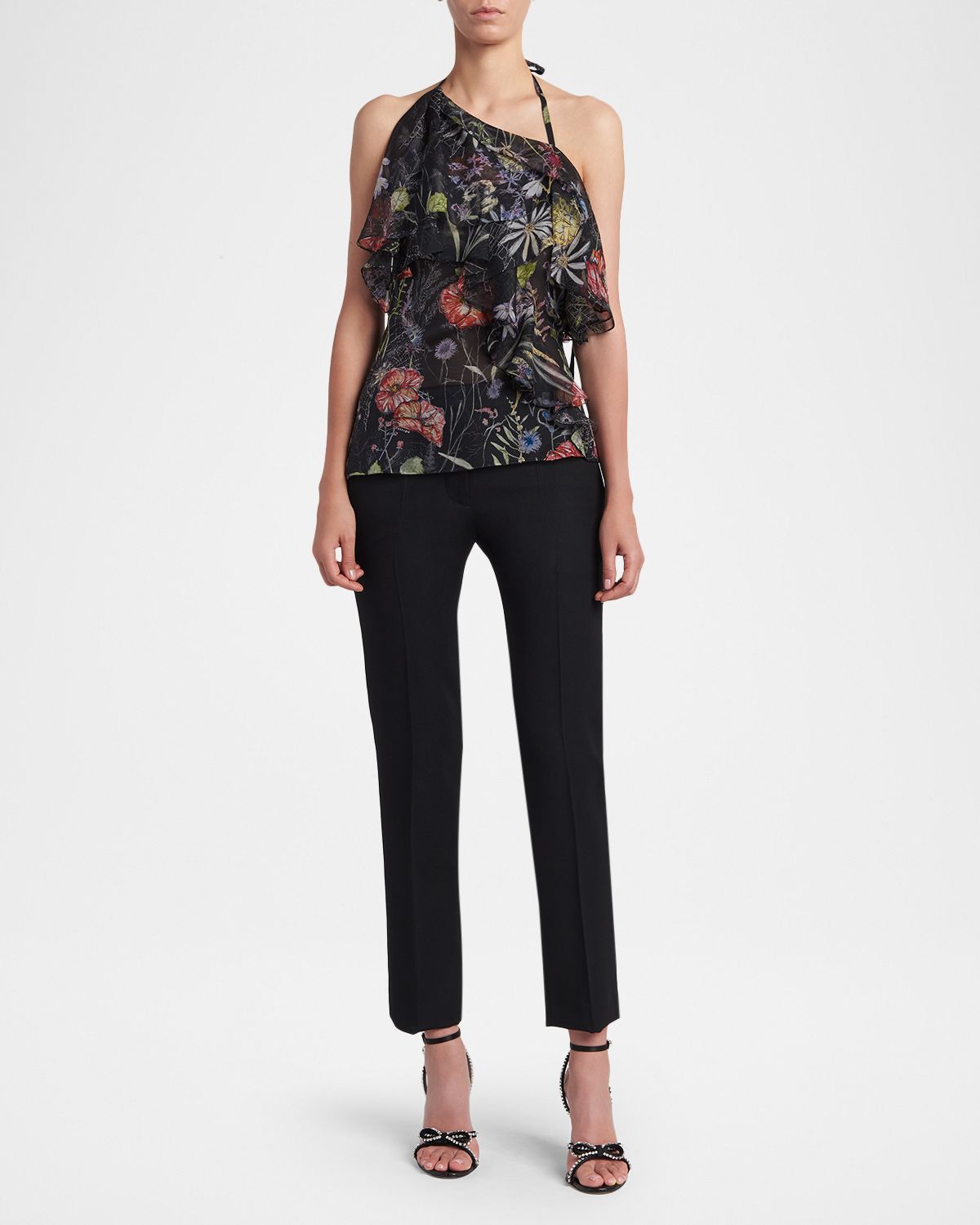 McQueen Asymmetric-Ruffle Floral Silk Halter Top