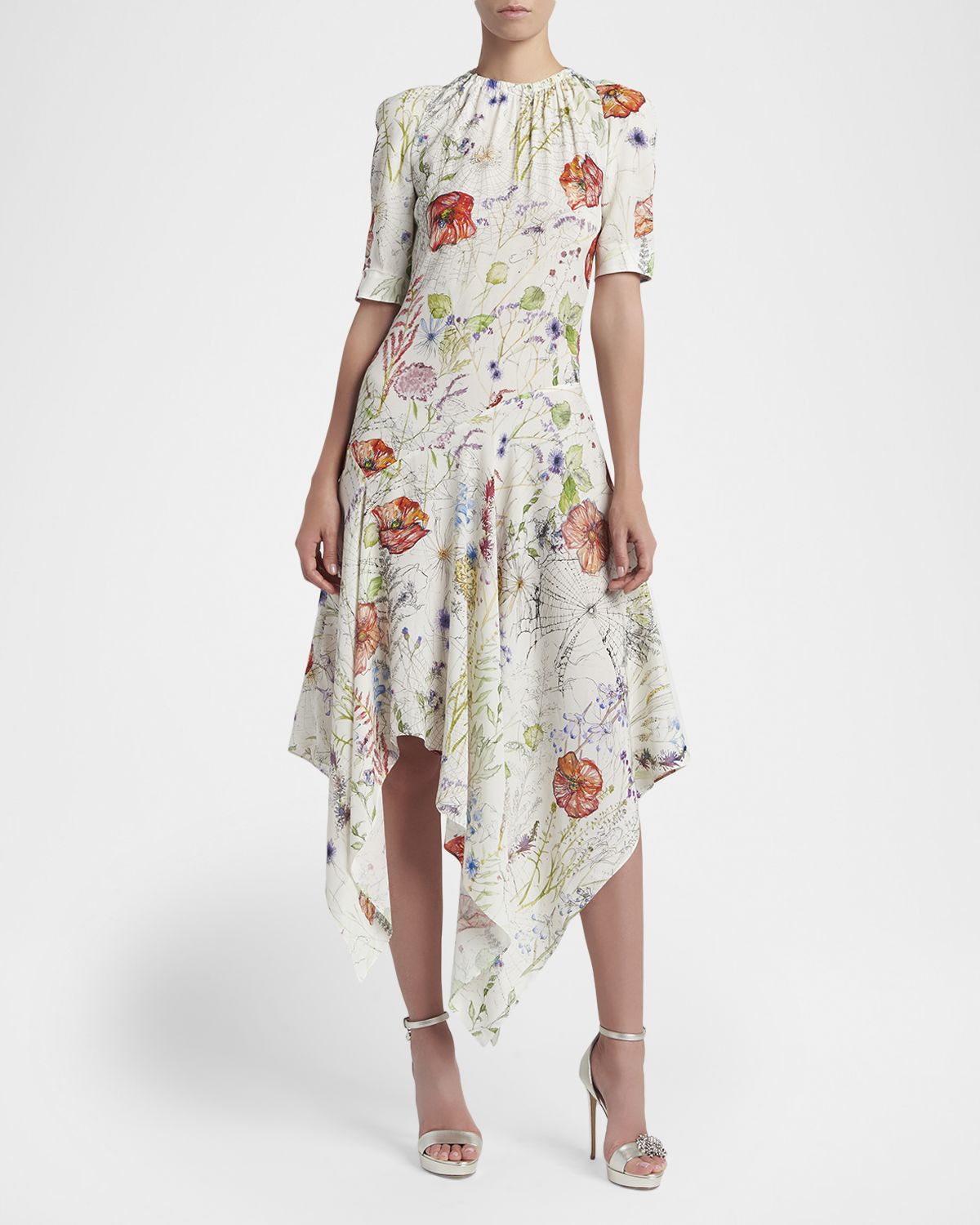 McQueen Floral Short-Sleeve Handkerchief Midi Day Dress