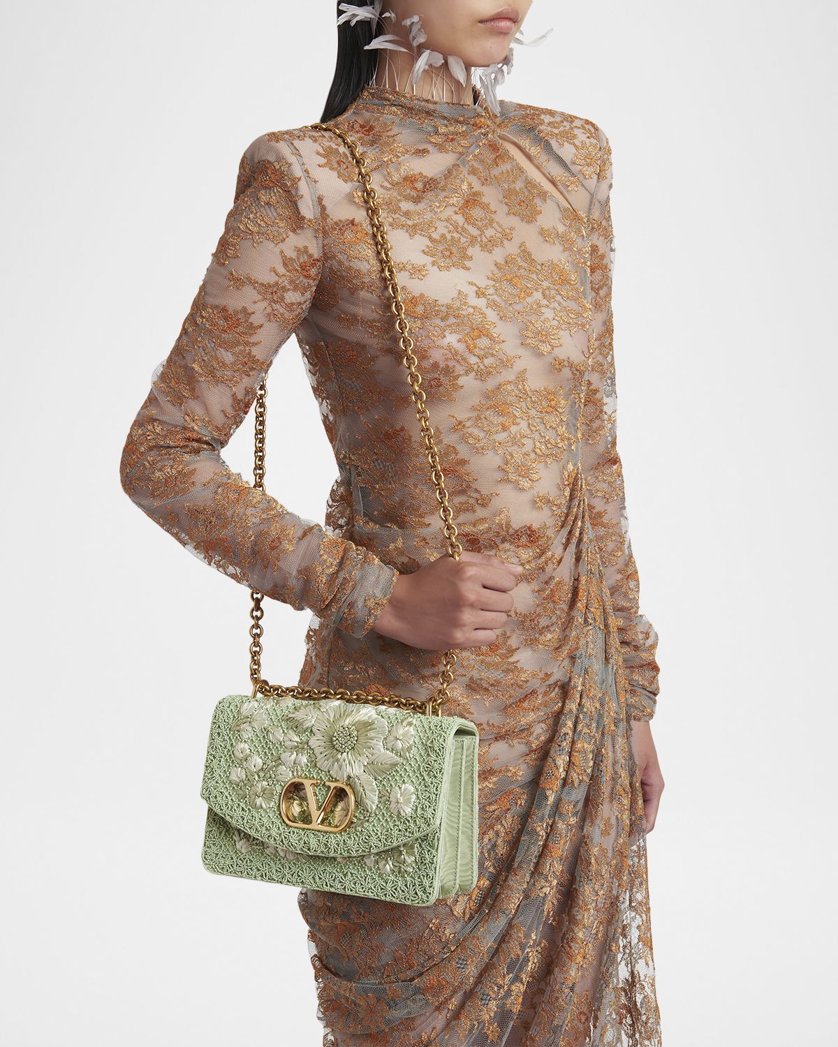 Valentino Garavani Beaded Floral-Embroidered Moire Shoulder Bag
