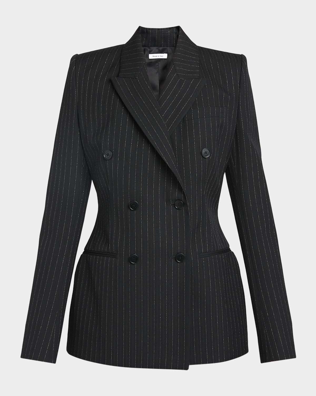 McQueen Double-Breasted Metallic Pinstripe Wool Jacket
