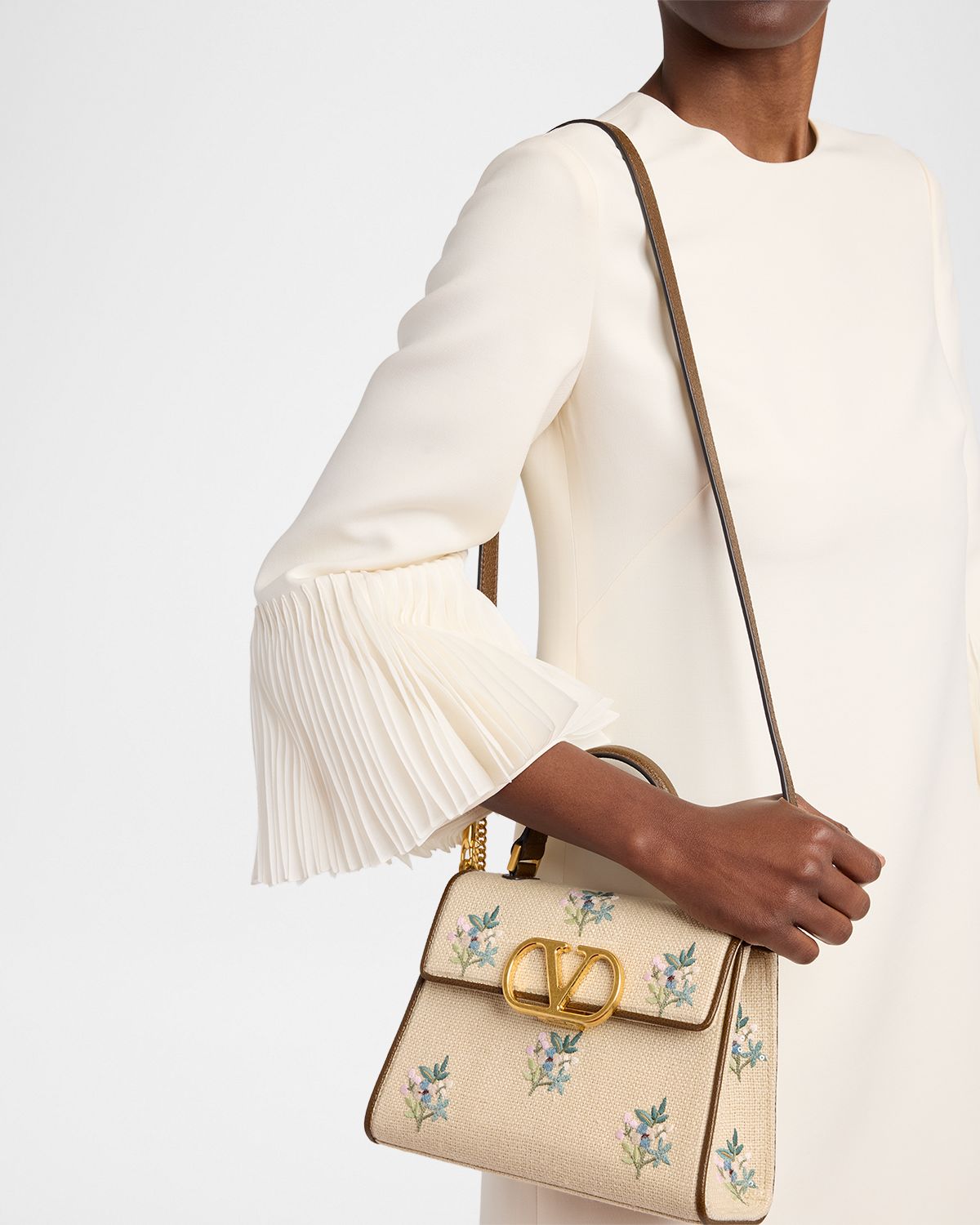 Valentino Garavani Small Floral-Embroidered Woven Flax Top-Handle Bag