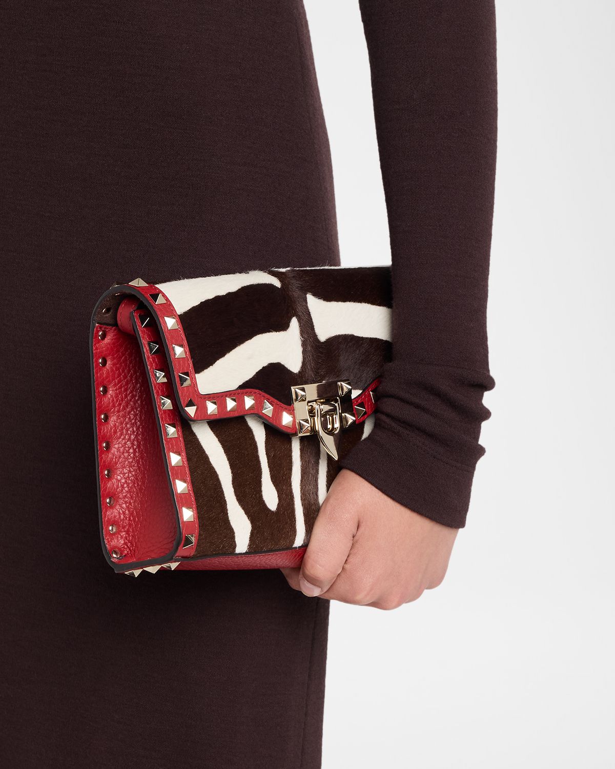 Valentino Garavani Small Rockstud Zebra-Print Calf Hair Clutch Bag