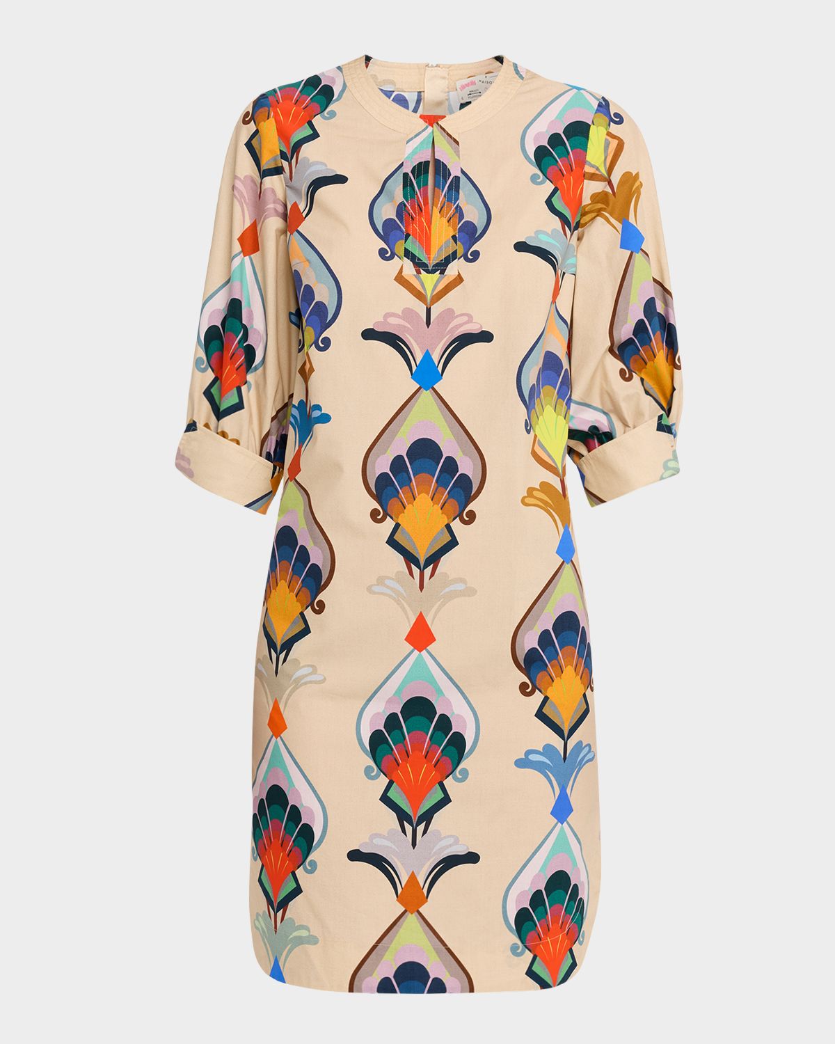 Maison Common Abstract-Print Cotton Poplin 3/4-Sleeve Dress