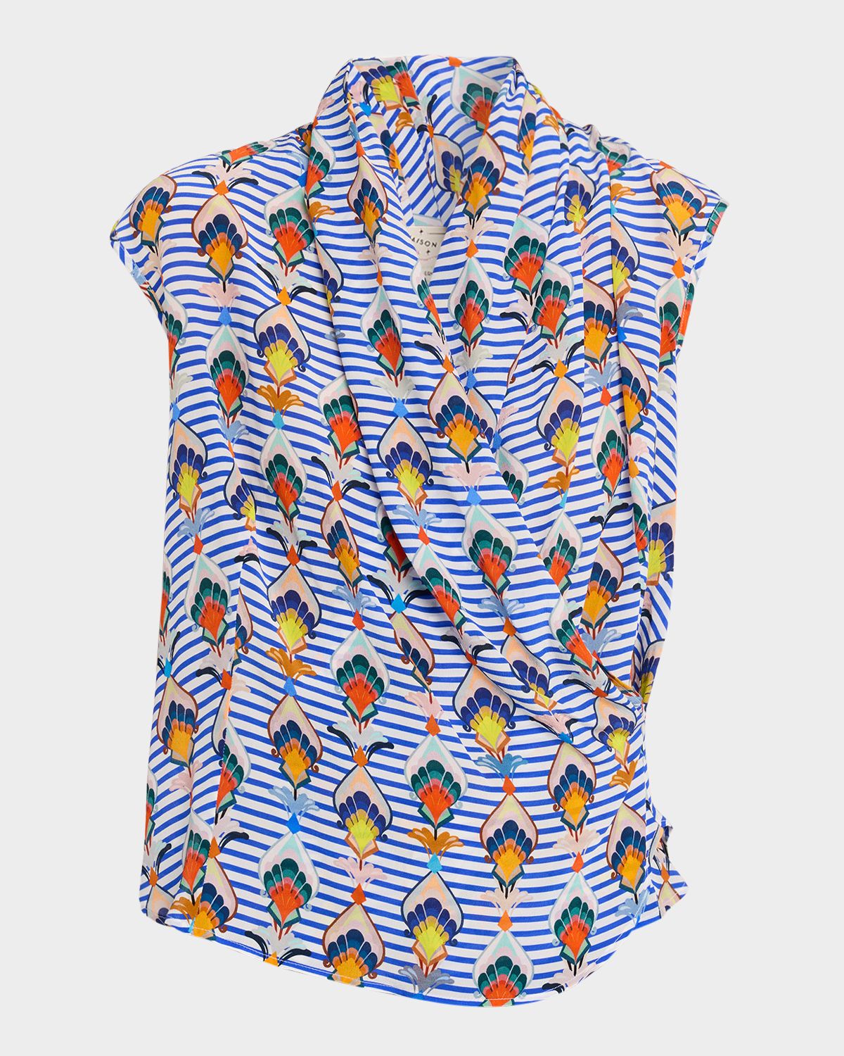 Maison Common Striped Geometric-Print Silk Blouse