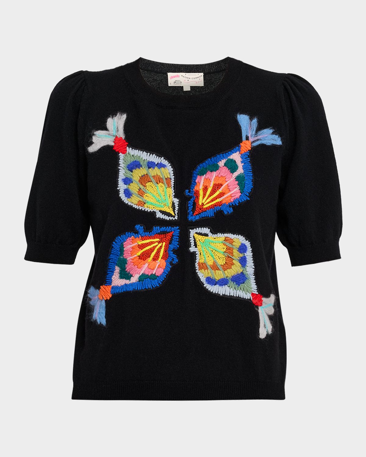 Maison Common Embroidered Wool-Cashmere Short-Sleeve Sweater