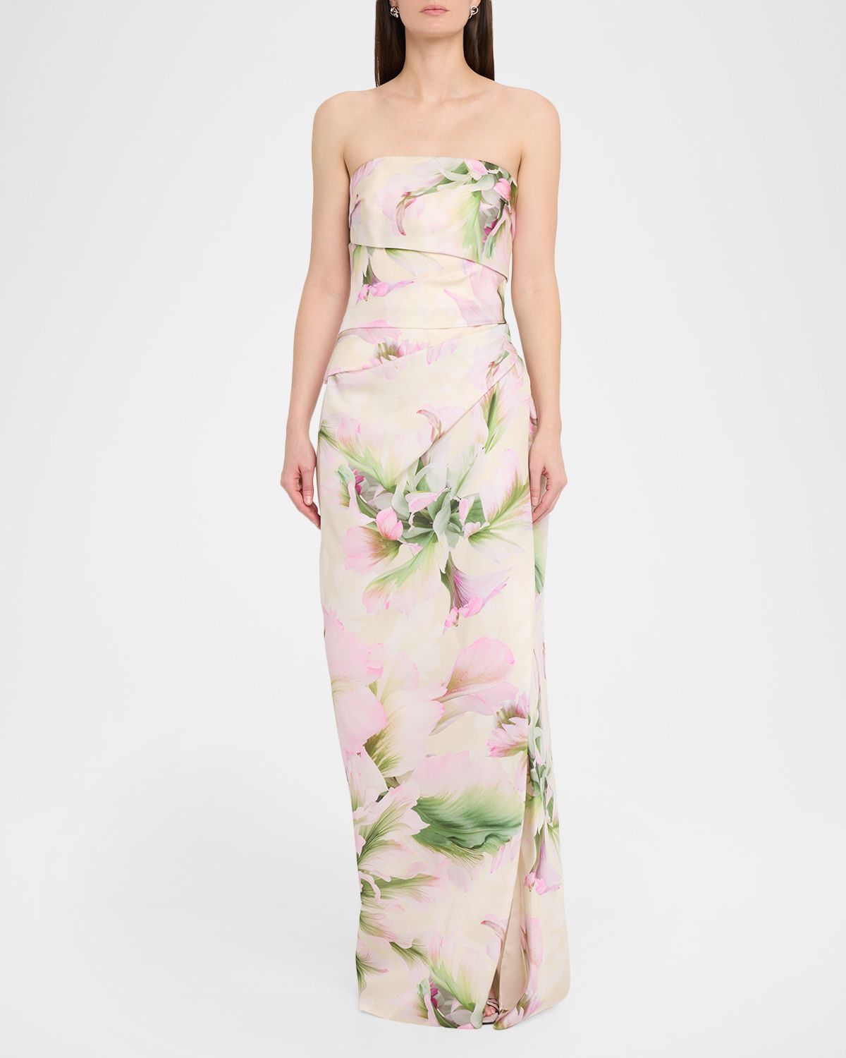 Monique Lhuillier Strapless Tulip Printed Gown with Slit