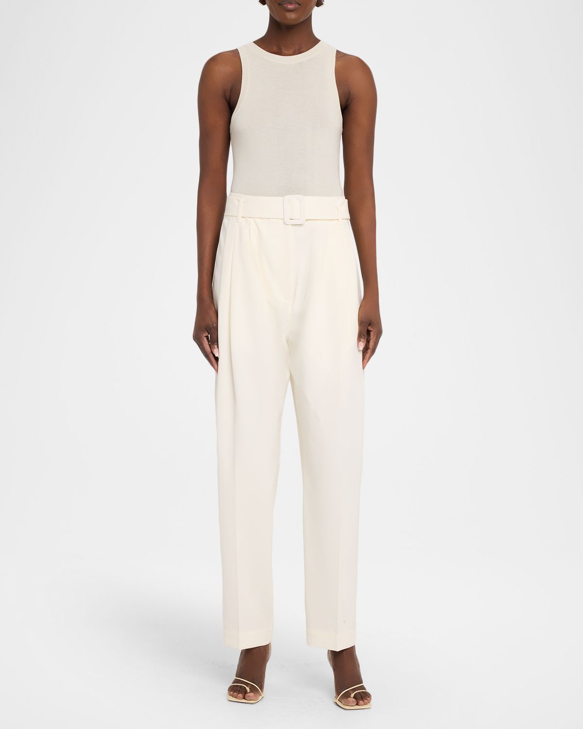 Co Pleated tton Tapered-Leg Ankle Pants With Belt