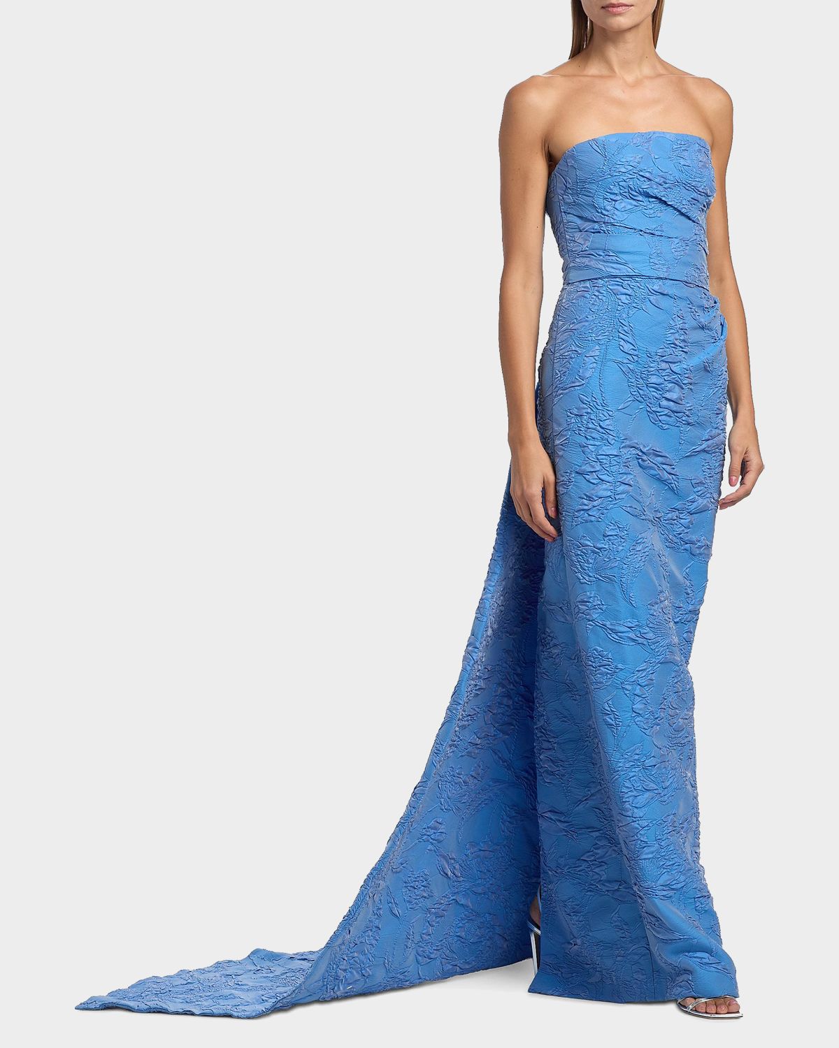 Monique Lhuillier Strapless Draped-Train Bubble Jacquard Column Gown
