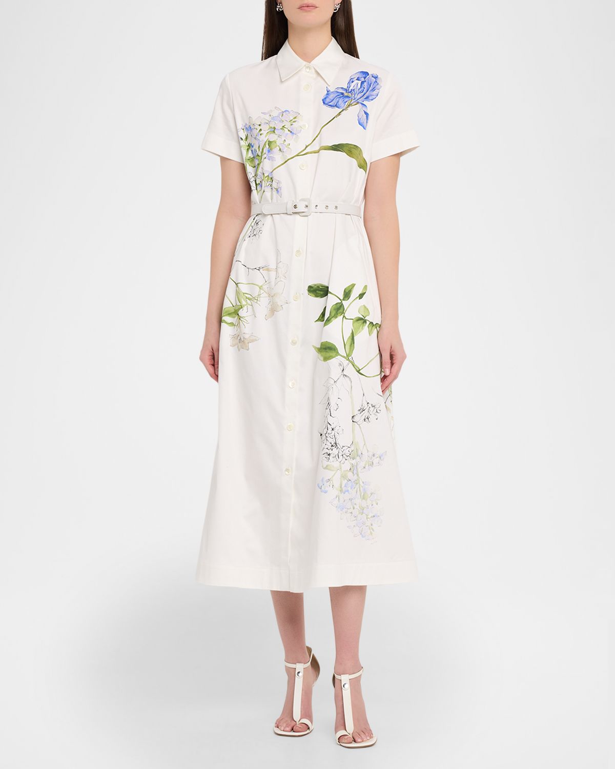 Monique Lhuillier Floral Cotton Short-Sleeve Midi Shirtdress