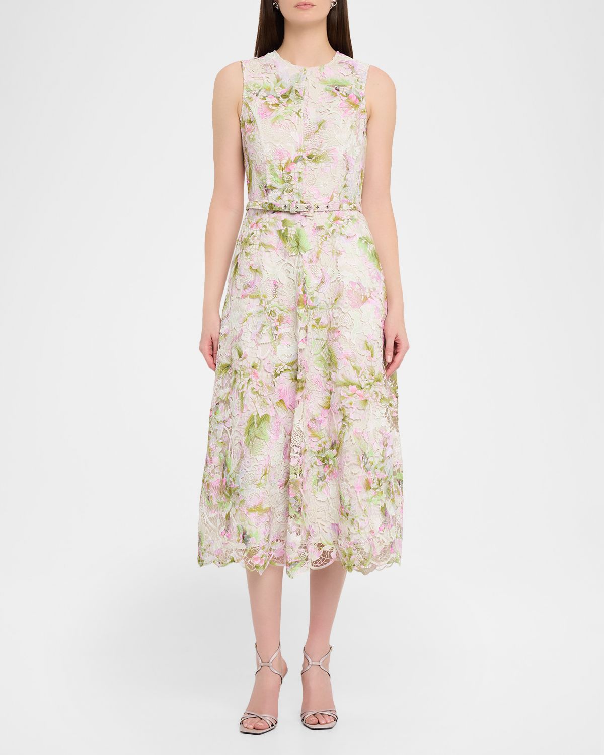 Monique Lhuillier Printed Tulip Lace Sleeveless Belted Midi Dress