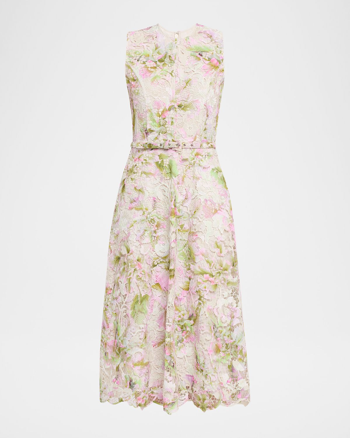 Monique Lhuillier Printed Tulip Lace Sleeveless Belted Midi Dress