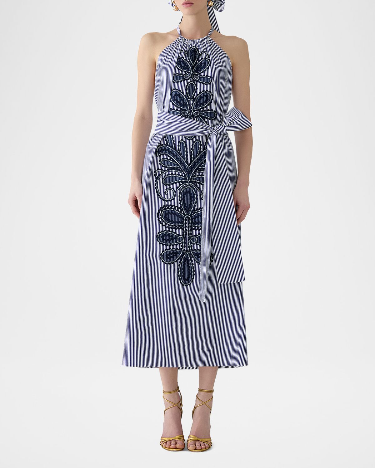 Carolina Herrera Embroidered Striped Cotton Halter Midi Dress | Thumbnail 4