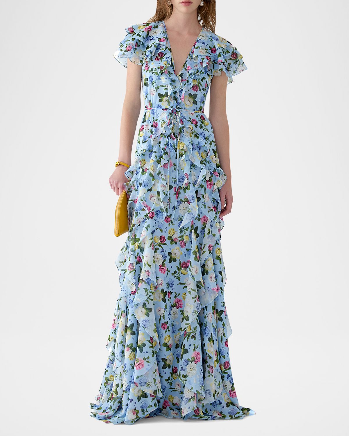 Carolina Herrera Floral Ruffle Chiffon Short-Sleeve Maxi Dress | Thumbnail 4