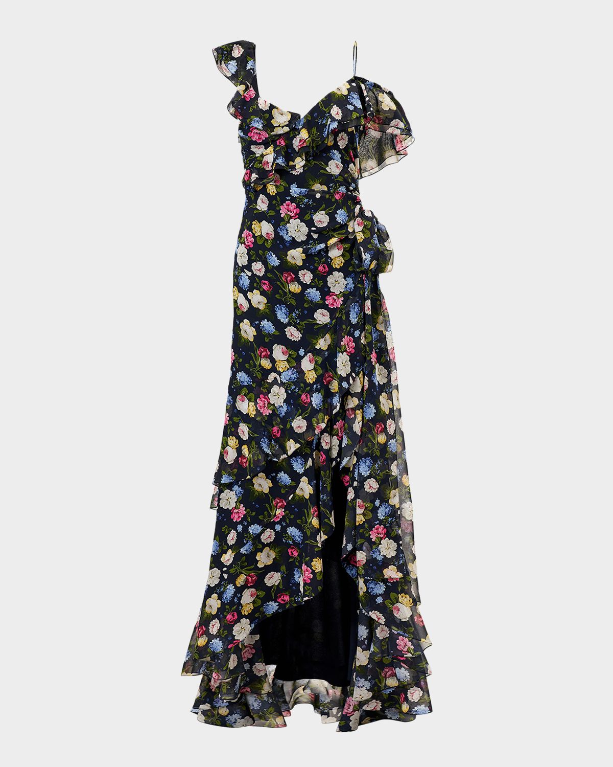Carolina Herrera Floral-Print Silk Chiffon Asymmetric Ruffle Gown