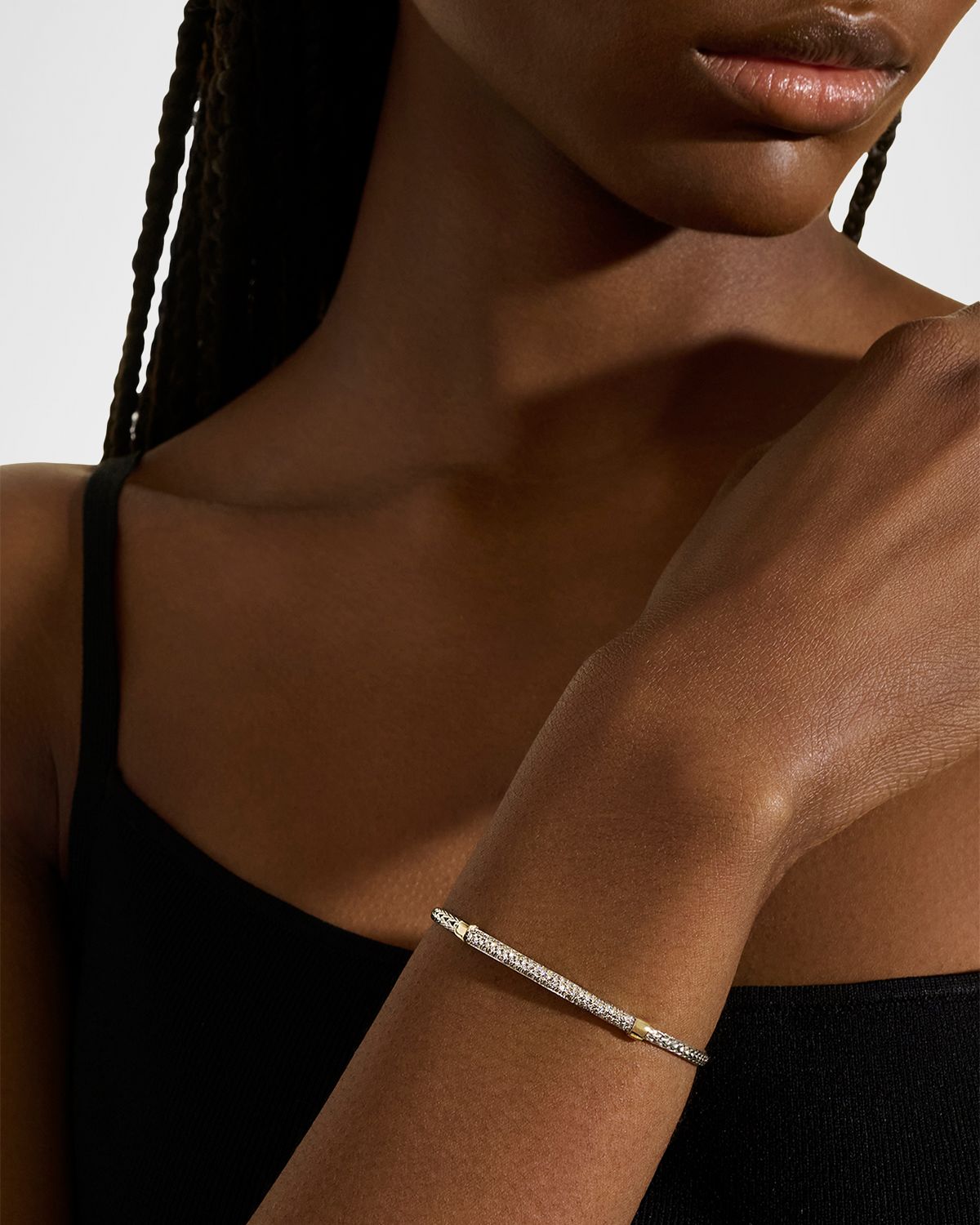 John Hardy JH Essential Sterling Silver and 14K Yellow Gold Diamond Pave Bracelet, 2.5mm