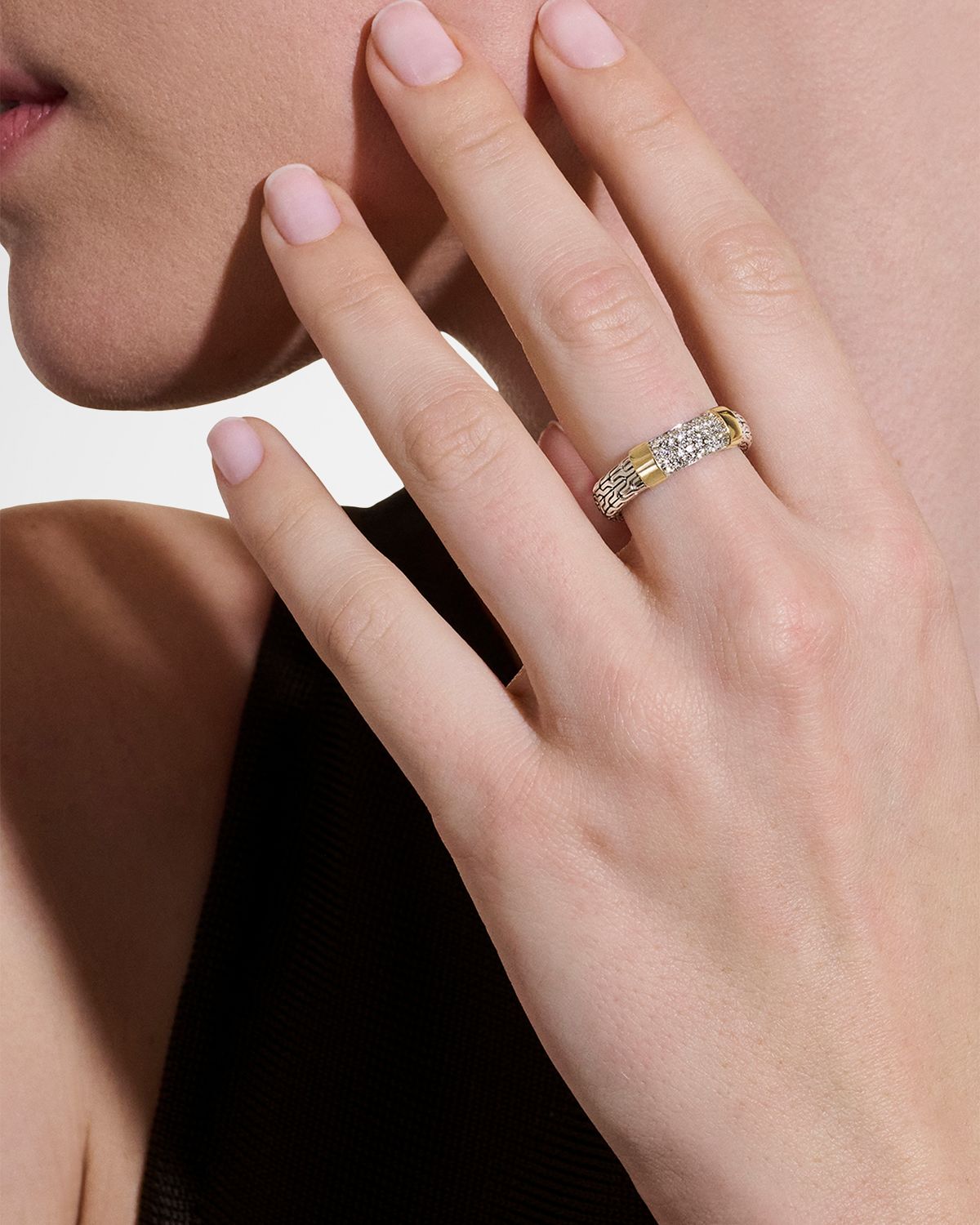 John Hardy JH Essential Sterling Silver and 14K Yellow Gold Diamond Pave Ring