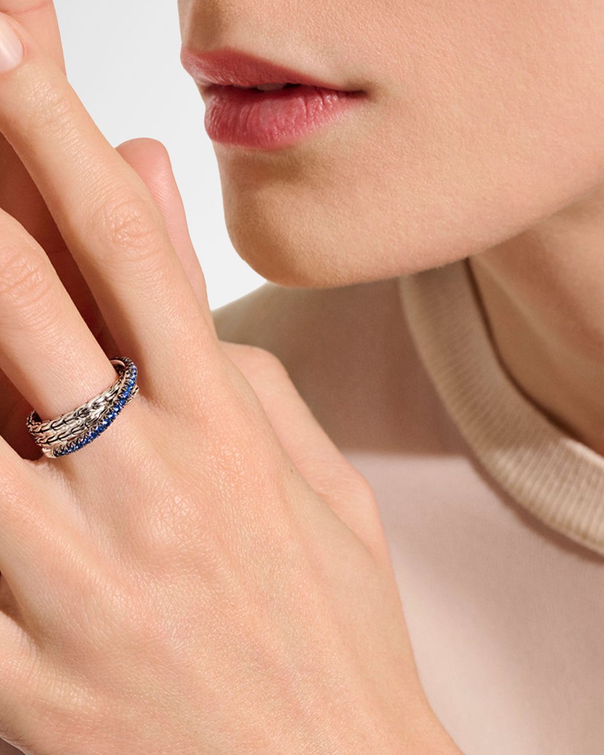 John Hardy JH Essential Sterling Silver and Black Sapphire Pave Crossover Ring, 7mm