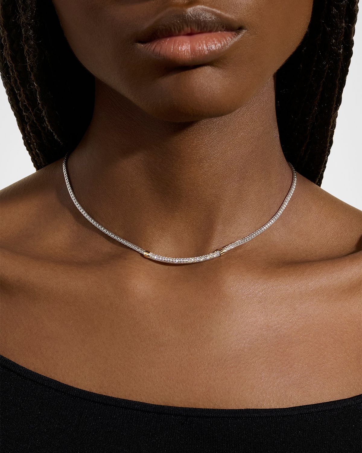 John Hardy JH Essential 14K Gold and Sterling Silver Diamond Pave Station Necklace, 2.5mm