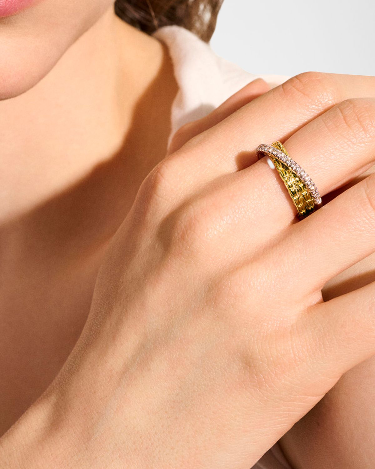 John Hardy JH Essential 14K Yellow Gold and Diamond Pave Crossover Ring, 7mm