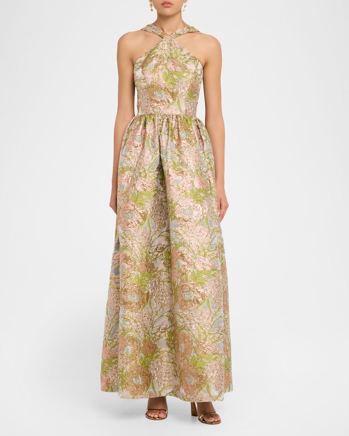 Aidan Mattox Draped Floral Jacquard Halter Gown