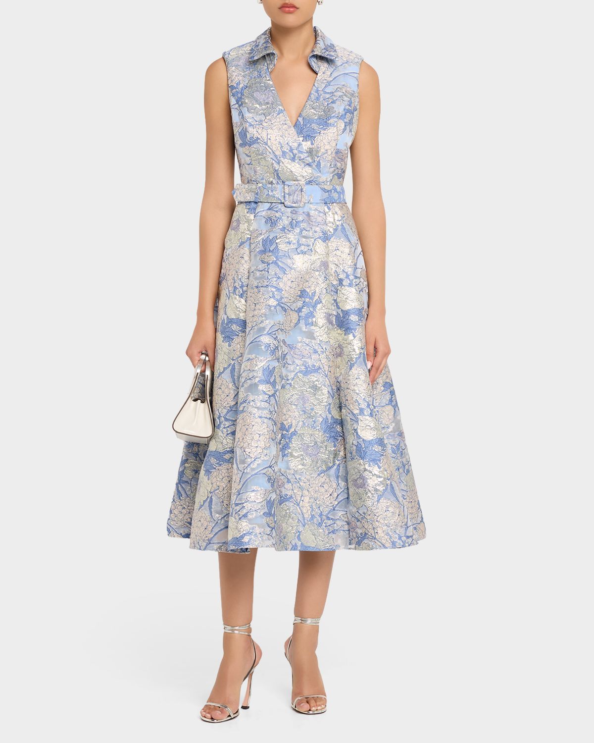 Aidan Mattox Belted Metallic Floral Jacquard Midi Dress