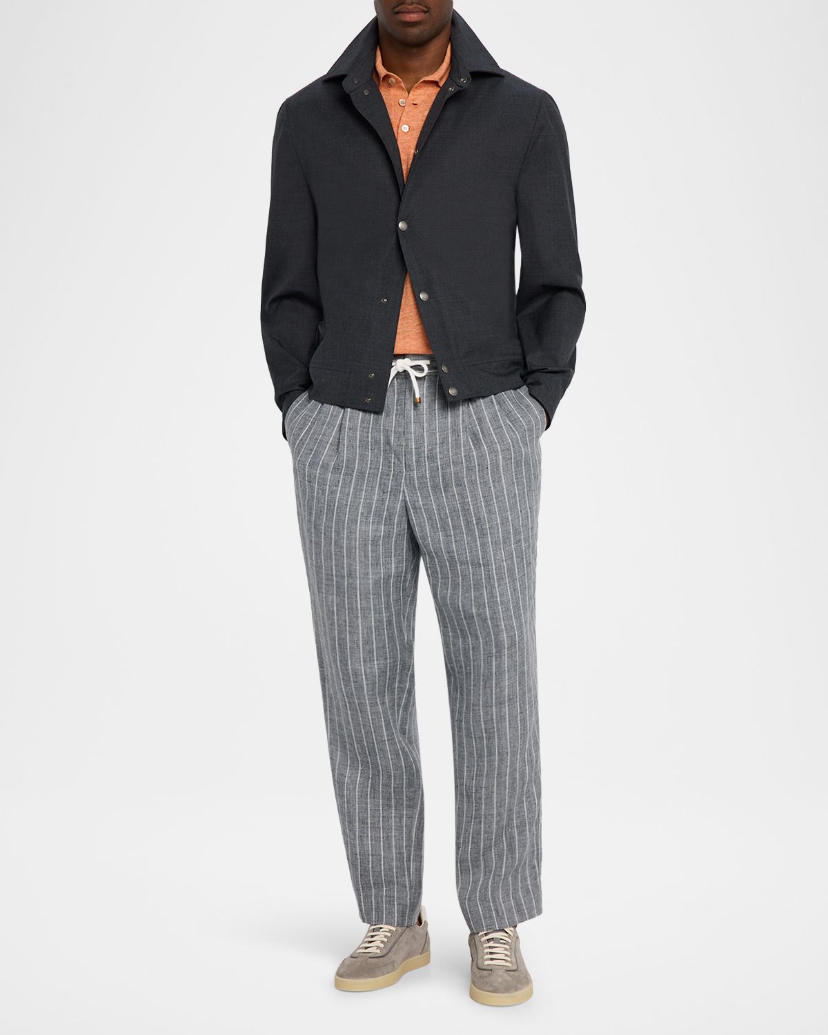 Brunello Cucinelli Men 's Linen Pinstripe Pleated Drawstring Trousers