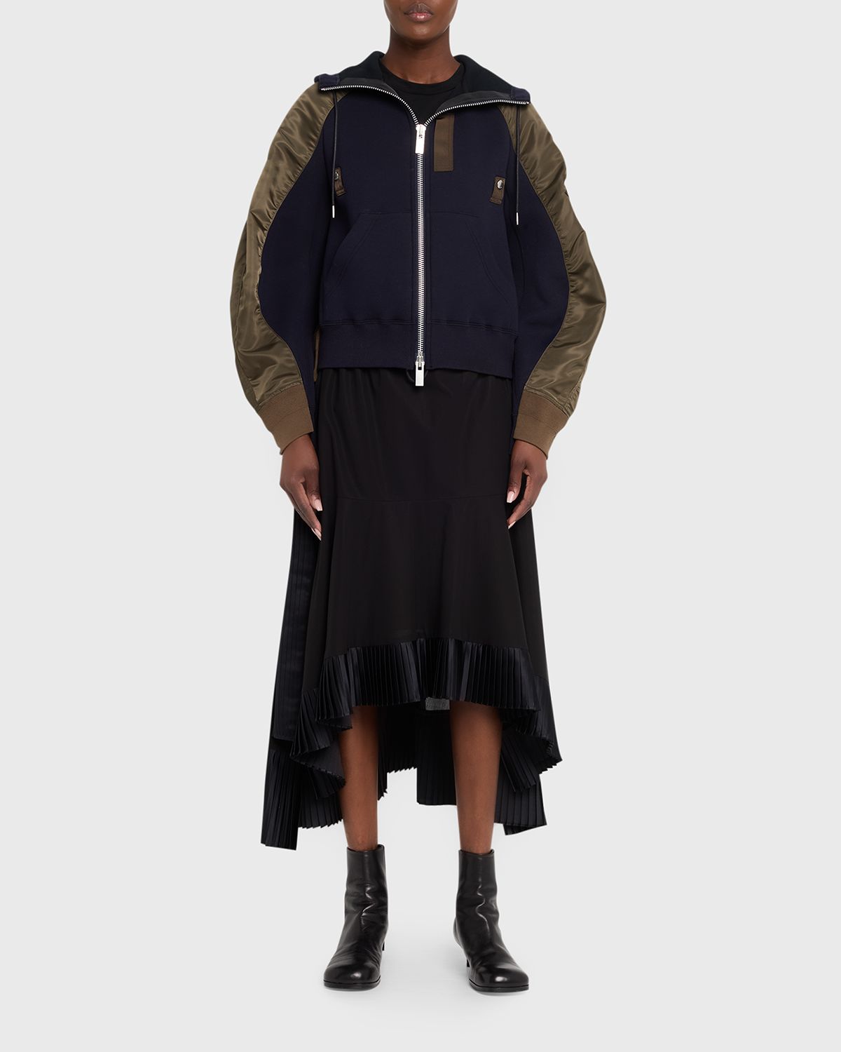 SACAI Mixed-Media Zip Hooded Jacket - Women's Clothing