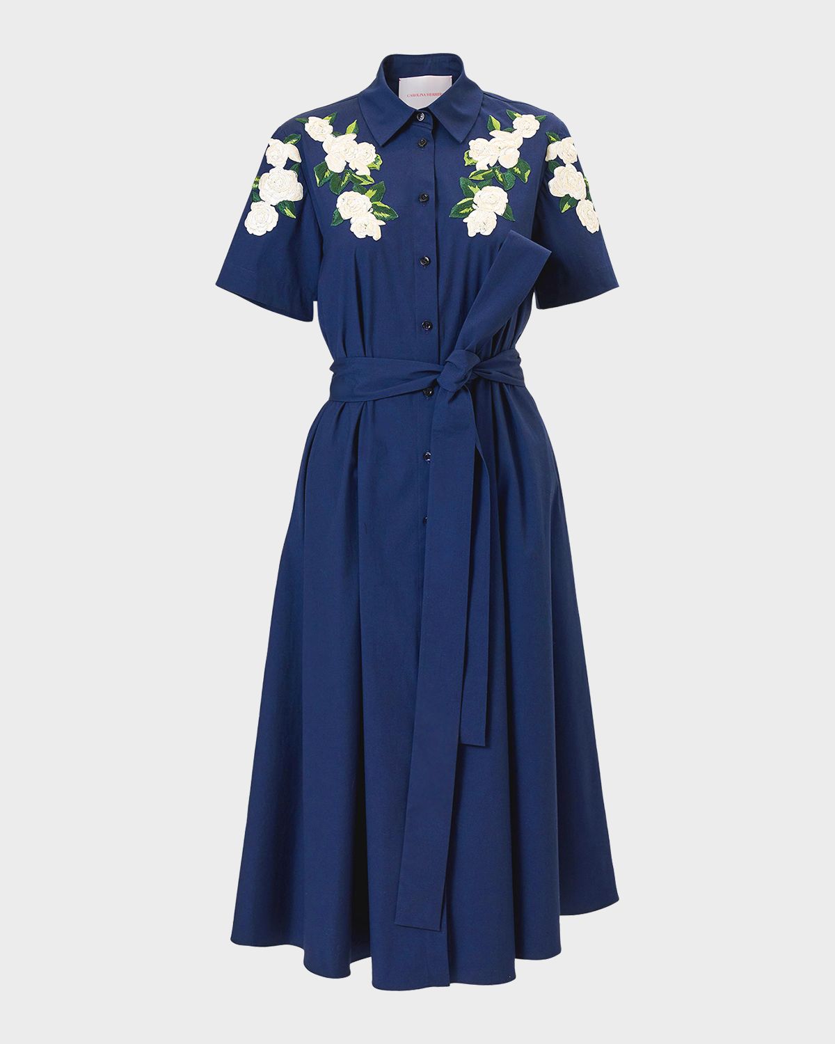 Carolina Herrera Rose Embroidered Short-Sleeve Midi Shirtdress