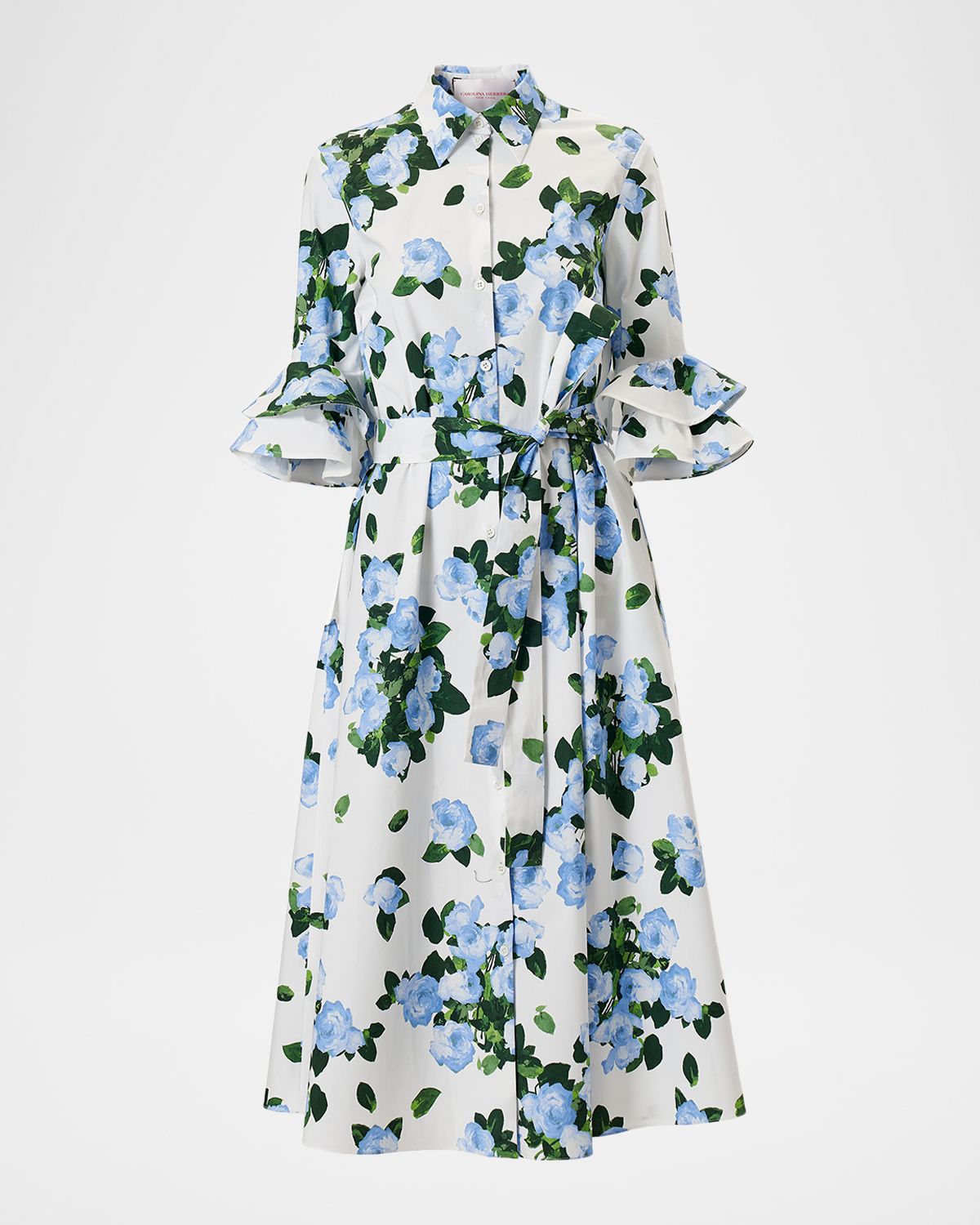 Carolina Herrera Tiered Ruffle Sleeve Belted Midi Shirtdress