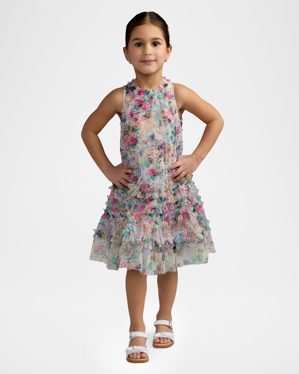 Mac Duggal Girl 's Sleeveless Floral-Print Mesh Dress, Size 2-1