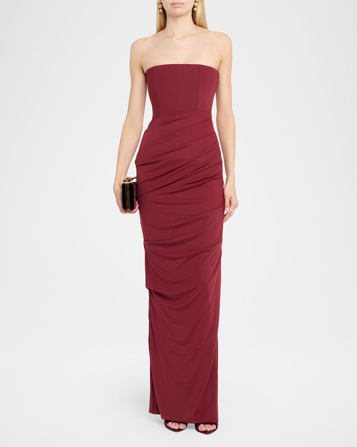 Alex Perry Strapless Tucked Stretch Mesh Column Gown