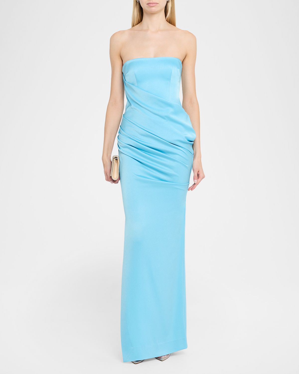 Alex Perry Strapless Asymmetric Draped Satin Column Gown